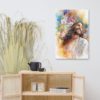 Laughing Jesus With Flowers Canvas Print - ChristVisions