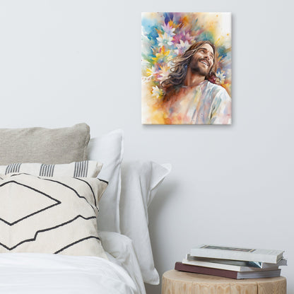 Laughing Jesus With Flowers Canvas Print - ChristVisions
