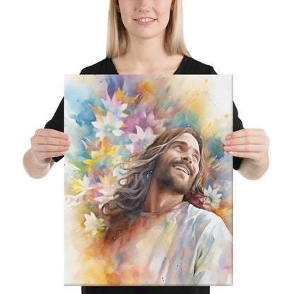 Laughing Jesus With Flowers Canvas Print - ChristVisions