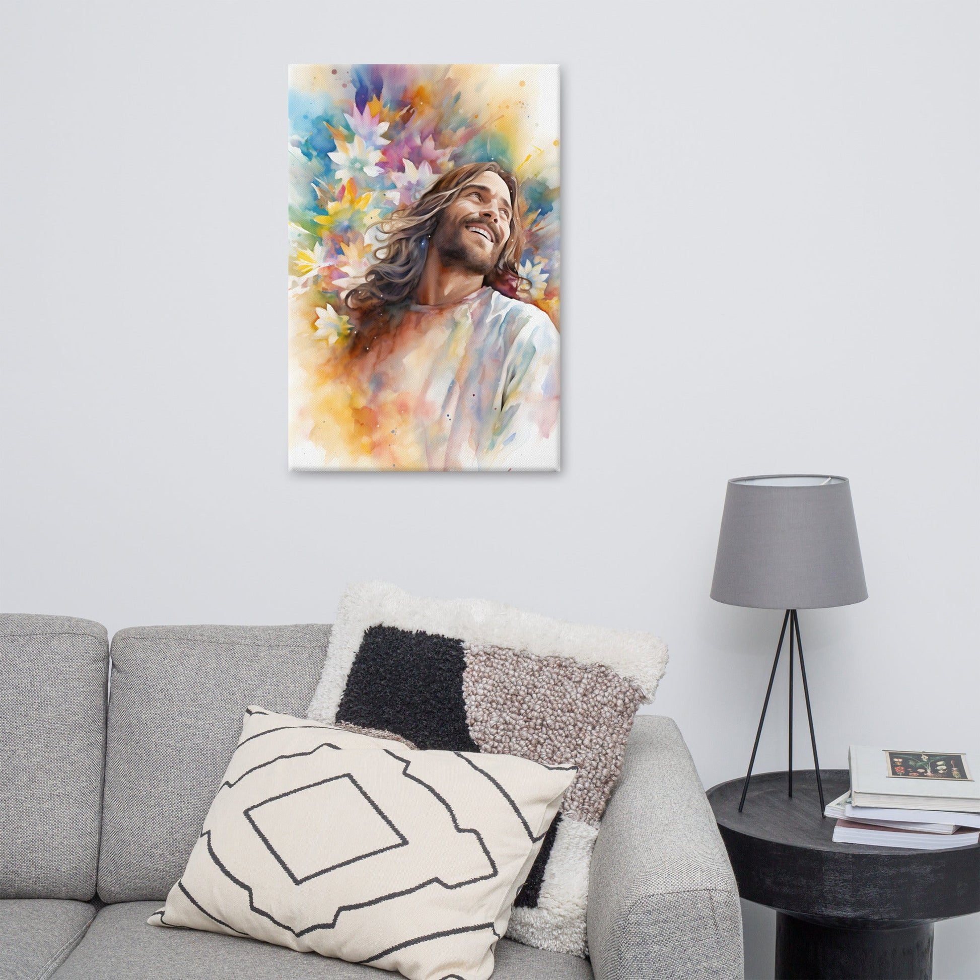 Laughing Jesus With Flowers Canvas Print - ChristVisions