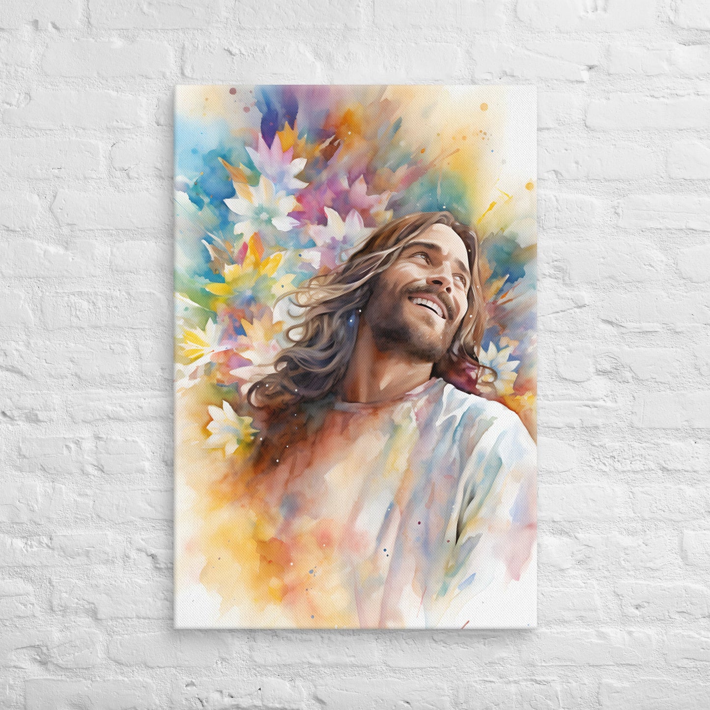 Laughing Jesus With Flowers Canvas Print - ChristVisions