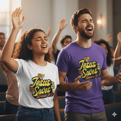 Romans 10:9 Jesus Saves 1960s - Style T-shirt - ChristVisions