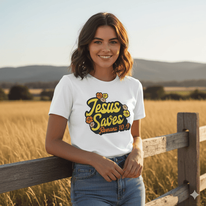 Romans 10:9 Jesus Saves 1960s - Style T-shirt - ChristVisions